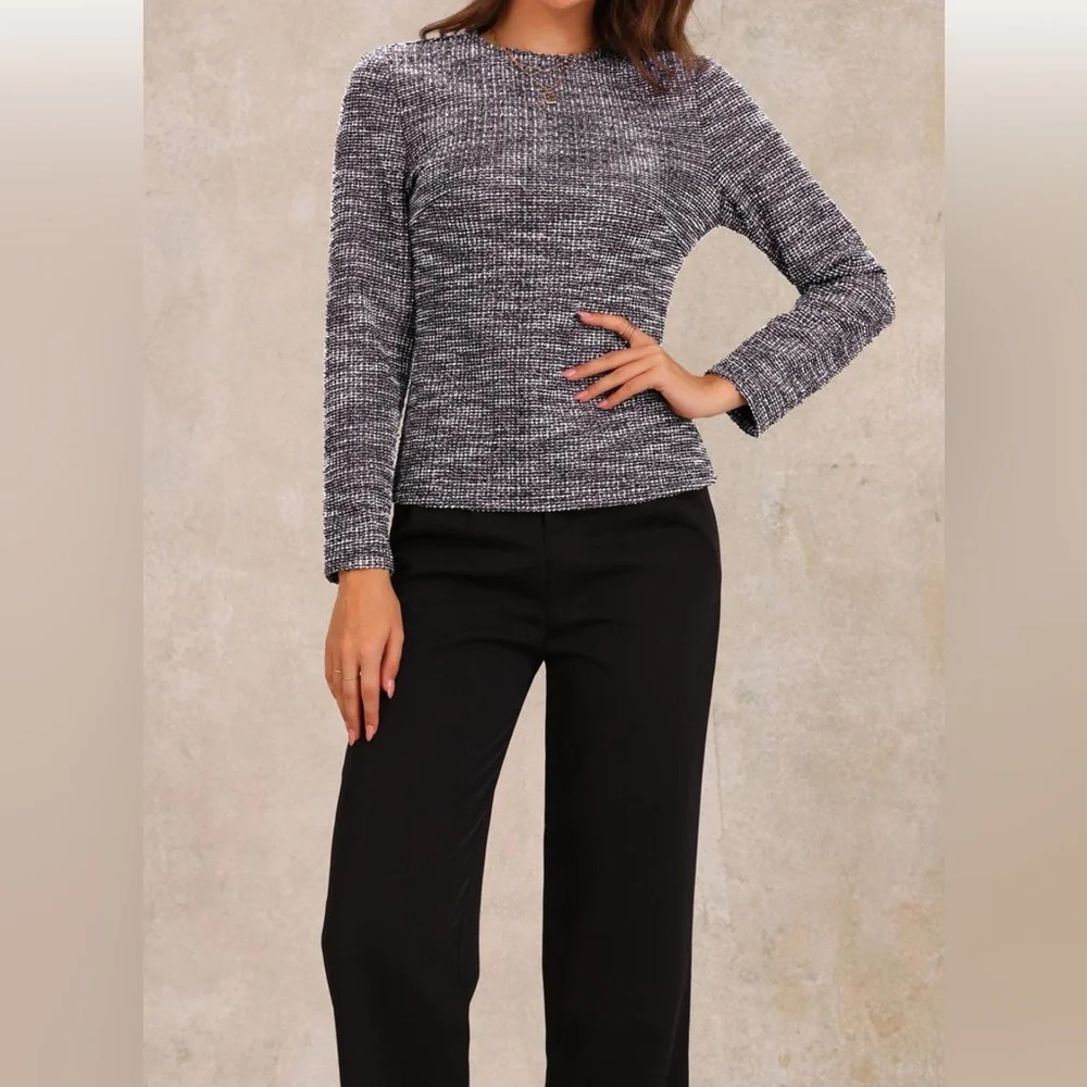 NWT Allegra K Tweed Zipper Back Long Sleeve Crew Neck Blouse - Pink/Black-Small - Picture 1 of 9